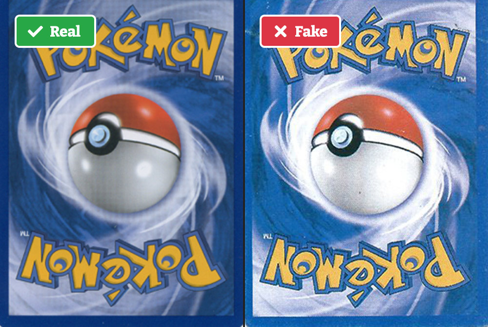 A comparison of a real and fake Pokémon card